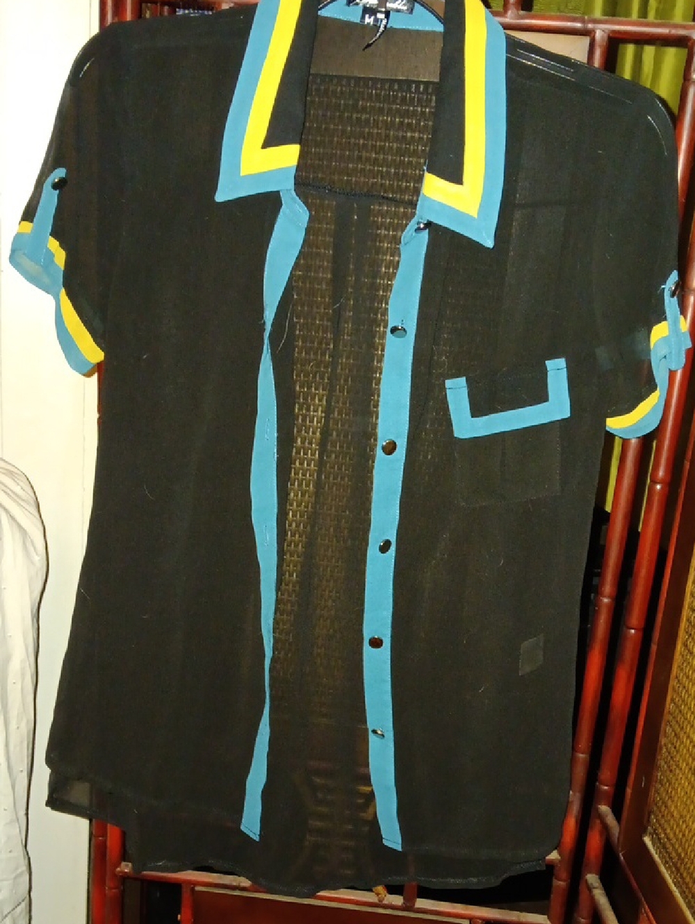 Black Sheer Button-Front Top with Teal & Yellow Trim